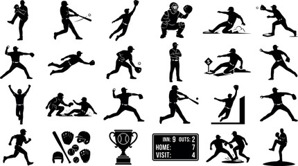 Obraz premium Baseball sport icons set, players in different poses, equipment, trophy and scoreboard