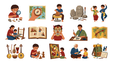 Fototapeta premium Kids History, Culture Art Education Flat Vector Illustration Set: Learning Activities Hobbies