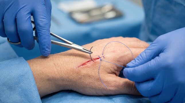 A professional surgeon wearing blue sterile gloves is performing a surgical suturing procedure on a patient's injured hand.
