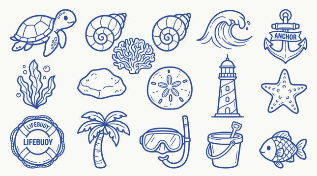 Collection of hand-drawn marine and beach elements, including a turtle, seashells, waves, anchor, lighthouse, starfish, and palm tree.