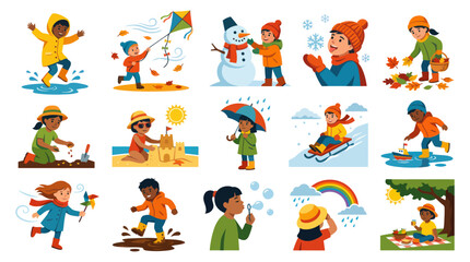 Fototapeta premium Happy Children Seasonal Activities Flat Vector Illustration Set for Spring, Summer, Autumn, Winter