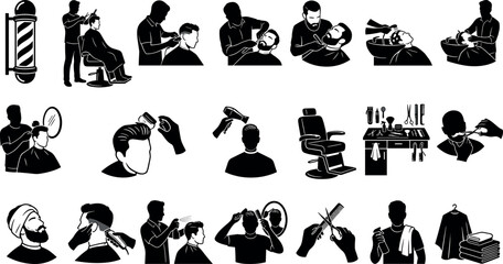 Obraz premium Barbershop icons set, professional haircut and shaving services