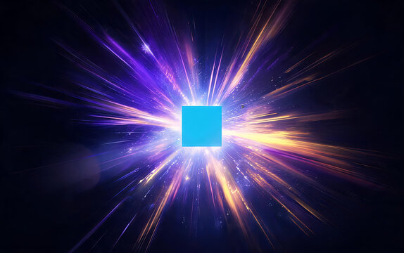 A luminous bright blue square at the center emits vibrant purple and gold light rays bursting outward against a dark background, creating a dynamic visual effect.