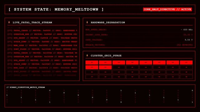 Sci Fi HUD Screen With Memory Meltdown And Core Halt Directive Active Warning Animation.