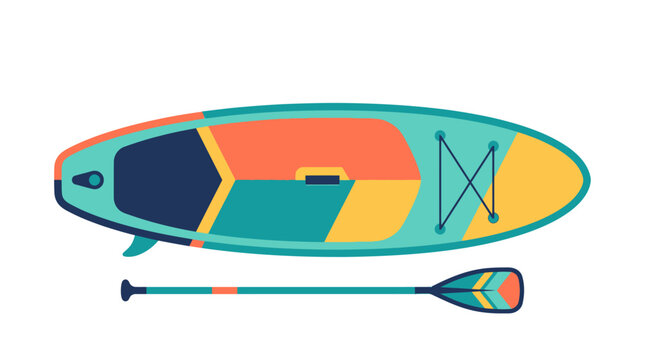 Colorful stand up paddleboard and paddle vector illustration isolated on white background