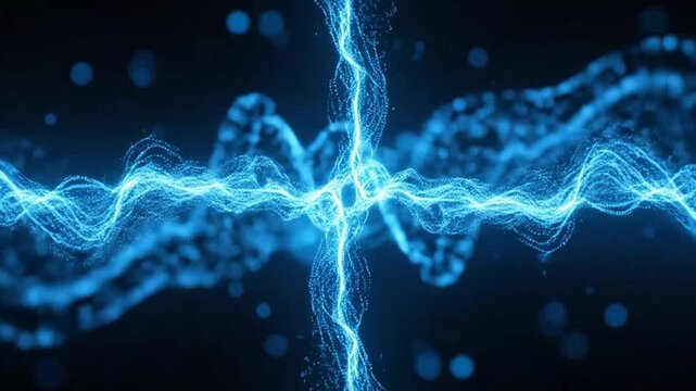 Abstract blue energy waves forming a glowing cross shape on dark background