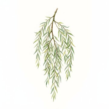 Watercolor Willow Tree Branch with Hanging Green Leaves Isolated on White Background