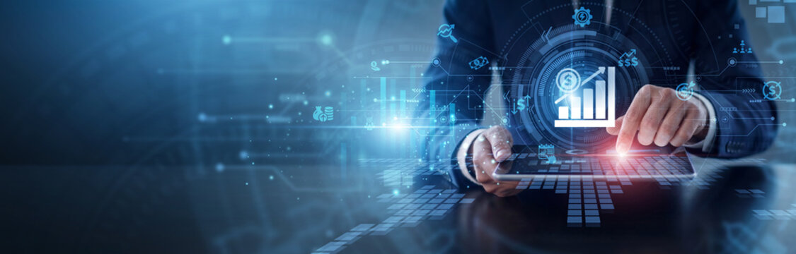 Increase Sales growth strategy. Marketer using tablet to analyze revenue trends and commercial retail networks. Effective business development and strategic profit optimization systems.