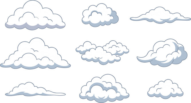 Fluffy White Clouds Vector Collection with Various Shaped Cartoon Cumulus Cloud Icons for Sky Blue Backgrounds and Weather App Graphic Designs