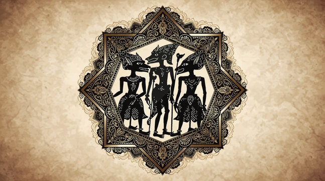 Traditional Indonesian Wayang Kulit Shadow Puppets in Ornate Frame