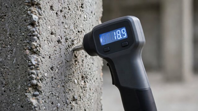 Measuring moisture levels in concrete using a digital meter in a construction site