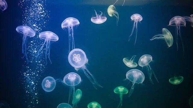 A group of translucent jellyfish swimming in deep blue ocean water