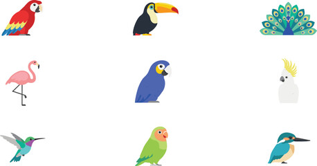 Tropical Birds Vector Icon Set Featuring Colorful Parrot Toucan Peacock Flamingo Cockatoo and Hummingbird for Nature Travel and Graphic Designs © MstRabeya
