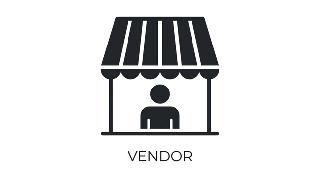 Vendor shop icon with person and awning symbol representing marketplace seller and store