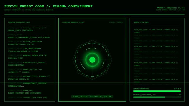 Sci Fi HUD Screen With Fusion Energy Core And Plasma Containment Reactor Animation.