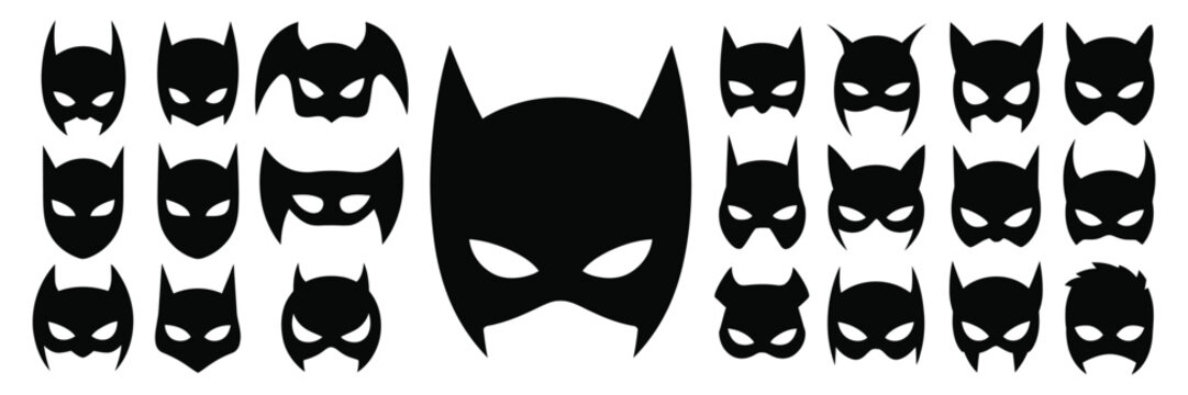 Superhero Masks Black Silhouette Icon Set Featuring Costume, Disguise, and Comic Character Accessories for Creative Design