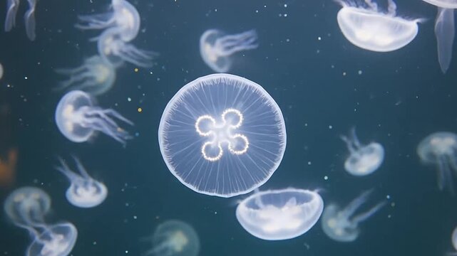 A group of translucent jellyfish swimming in deep blue water