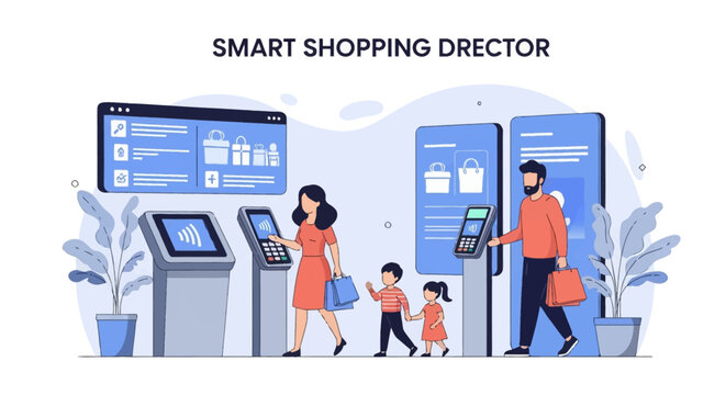 Flat vector illustration of a family with two children using self-service kiosks and contactless payment terminals for digital shopping in a modern retail environment.