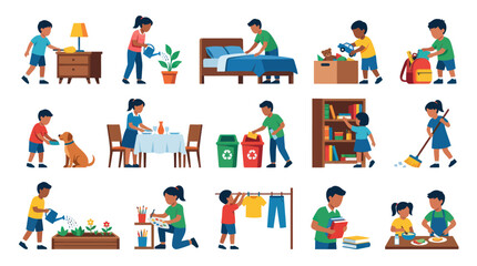 Fototapeta premium Kids helping with daily household chores and activities, flat design illustration of children's home responsibility