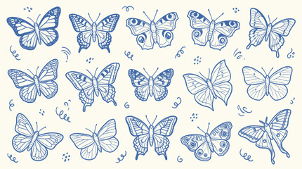 Collection of hand-drawn blue butterflies and moths in sketch style on a light background with decorative elements. © zainab