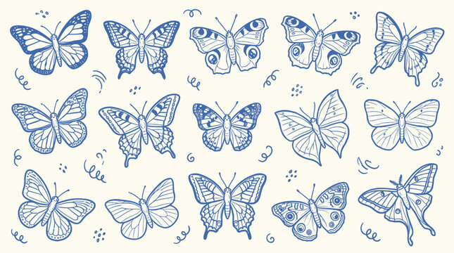 Collection of hand-drawn blue butterflies and moths in sketch style on a light background with decorative elements.