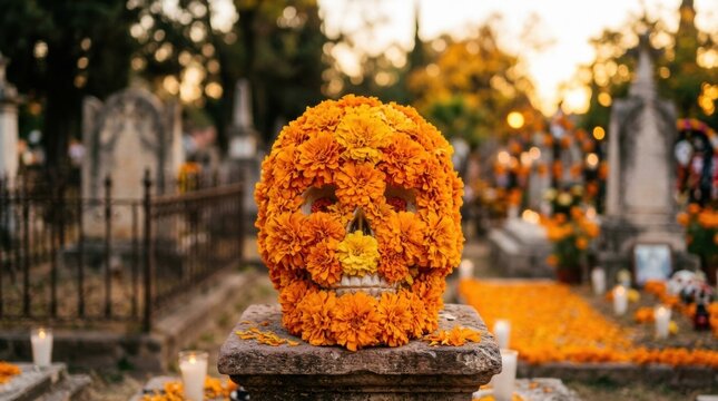 Orange marigold flower skull decoration for Day of the Dead in cemetery