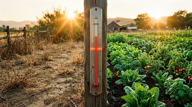 Outdoor thermometer showing high temperature in a dry farm field at sunset