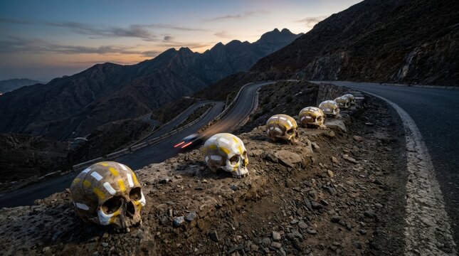 Painted human skulls aligned along a winding mountain road at twilight