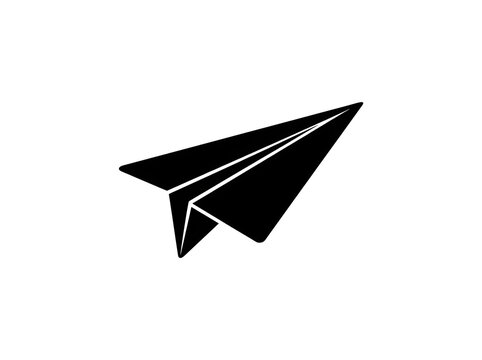 Minimalist black paper airplane silhouette vector icon representing communication, travel, and childhood imagination on a white background