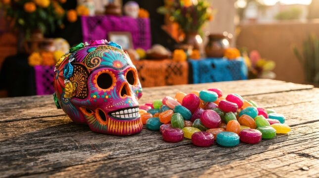 Painted sugar skull with colorful candies on a wooden table for Day of the Dead