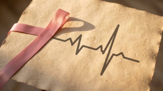 Pink breast cancer awareness ribbon on vintage paper with heartbeat sign