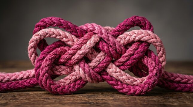 Pink decorative rope knot tied on a rustic wooden table surface