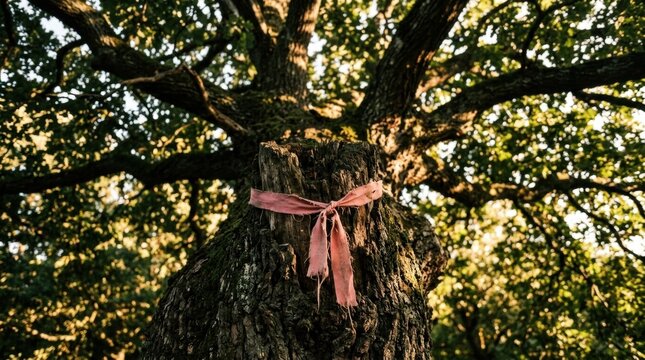 Pink fabric ribbon tied around an old oak tree trunk in a forest at sunset
