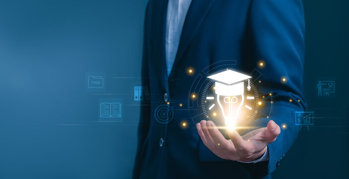 online education, representing e-learning. digital book icons, webinar, training course, and modern knowledge management solutions. library systems, e learn platform