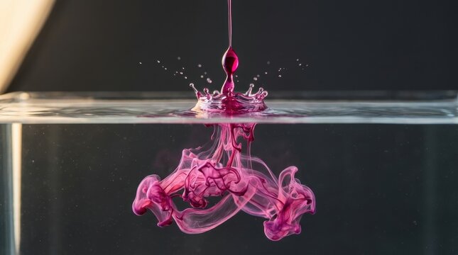 Pink ink drop splashing into clear water creating abstract liquid art
