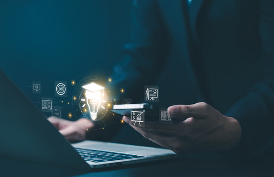 online education, representing e-learning. digital book icons, webinar, training course, and modern knowledge management solutions. library systems, e learn platform, cloud document storage.