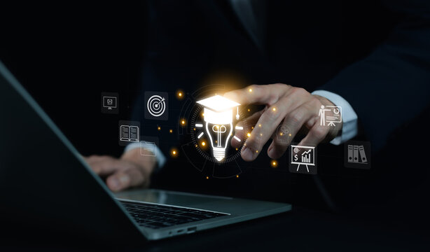 online education, representing e-learning. digital book icons, webinar, training course, and modern knowledge management solutions. library systems, e learn platform, cloud document storage.