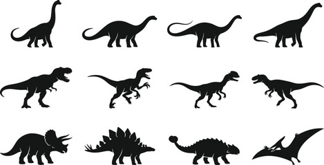 Dinosaur Silhouette Collection with Sauropods, Tyrannosaurus, Velociraptors, Triceratops, Stegosaurus, Ankylosaurus, and Pterosaur Prehistoric Vector Illustration Set © MdNazmul