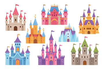 Fototapeta premium Collection of colorful fairy tale castles with towers and flags in flat style for children and fantasy kingdom projects