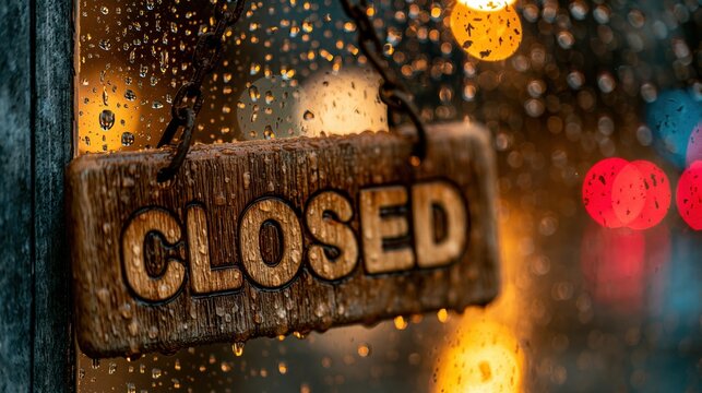 Wooden sign with the word closed hangs on a wet window with blurred lights in the background.