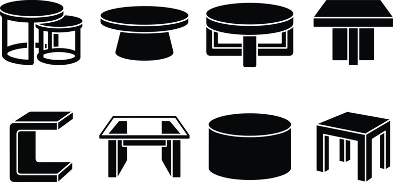Modern Table Furniture Silhouette Vector Set with Nesting Coffee Side and Accent Tables Icons