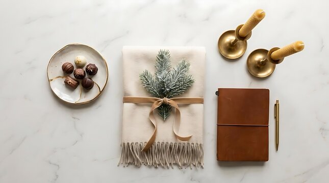 Cozy winter composition with warm blanket nuts candles and notebook flat lay