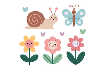 Adorable spring garden with smiling flowers a snail and a butterfly cute cartoon for kids decor and educational projects © BlackVault Designs