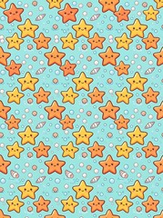 Smiling starfish and seashell underwater pattern on blue background