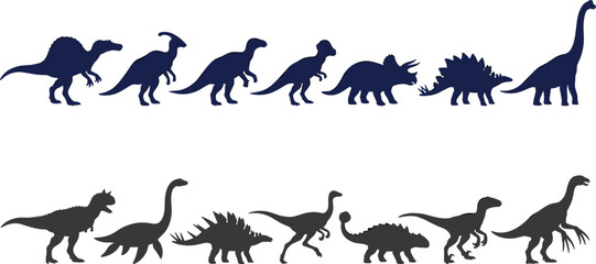 Dinosaur Silhouette Collection with Tyrannosaurus, Spinosaurus, Triceratops, Stegosaurus, Sauropod, Velociraptor, and Prehistoric Animal Vector Illustration Set © MdNazmul