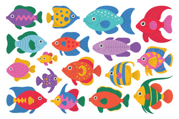 Fototapeta premium Set of vibrant cartoon fish featuring diverse patterns, shapes, and expressions isolated on a clean white background for
