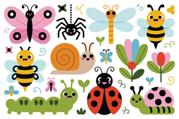 Cute cartoon insects and garden creatures collection including butterfly bee spider snail and ladybug for kids educational © BlackVault Designs