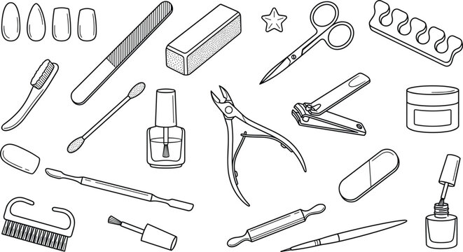 Manicure and pedicure salon tool set featuring nail polish clippers scissors files and toe separators outline elements