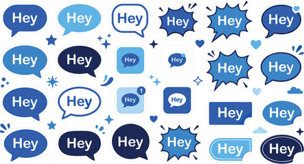 Blue greeting speech bubbles vector icon set containing various chat boxes message balloons comic explosions and notification badges with the word hey text outline © MstLinaAkter