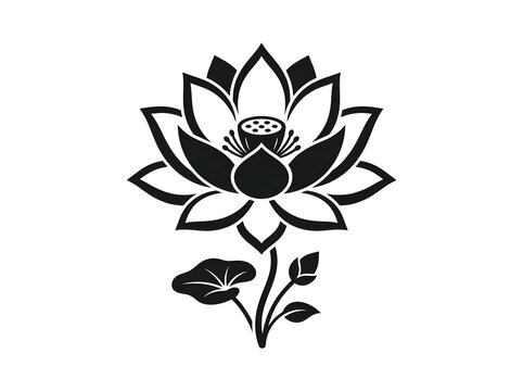 Black silhouette of blooming lotus flower with stem and leaf vector icon isolated on white background